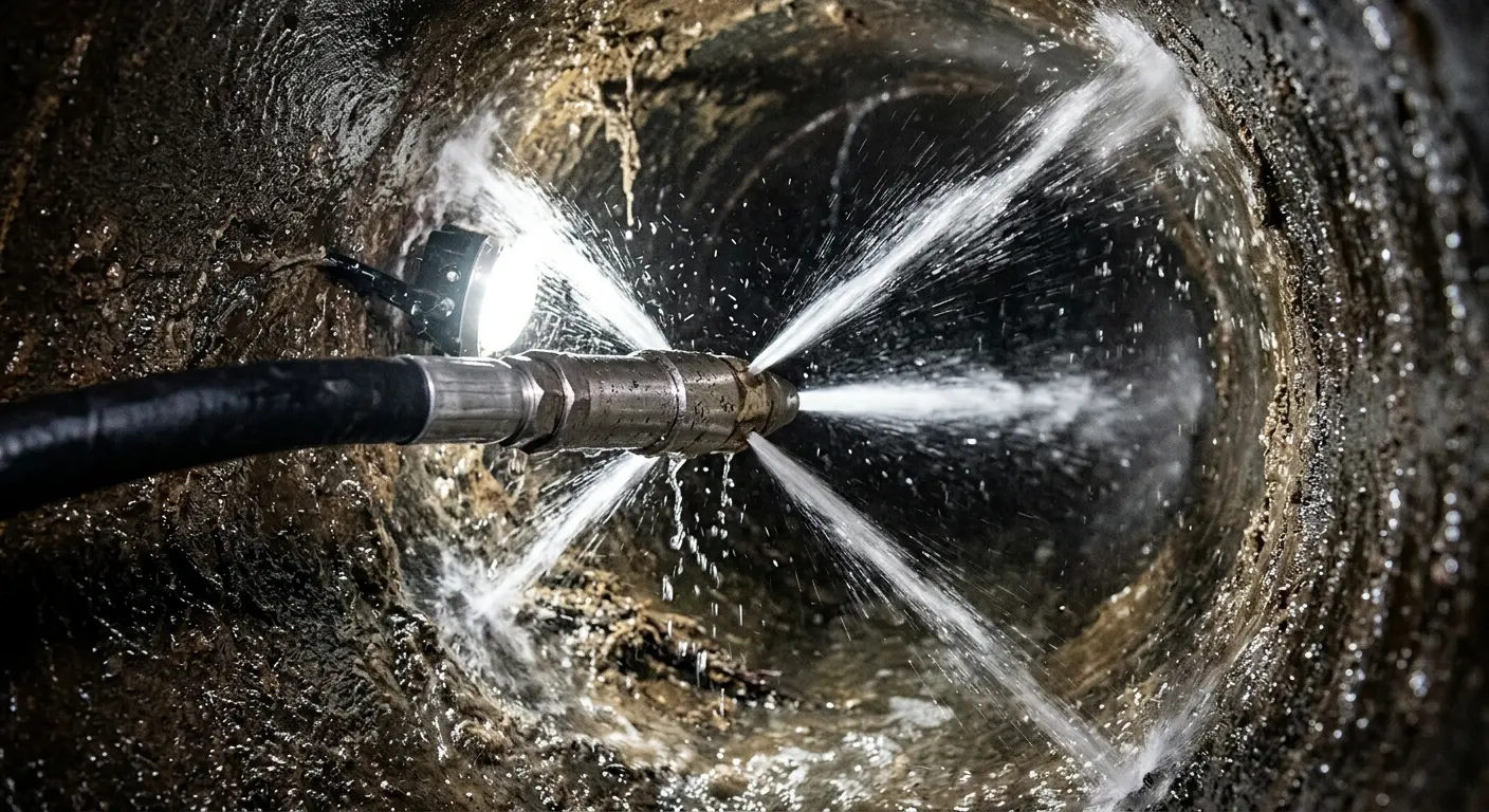 High-pressure hydro jetting nozzle cleaning sewer pipe for Storm Drain Cleaning in Suisun City