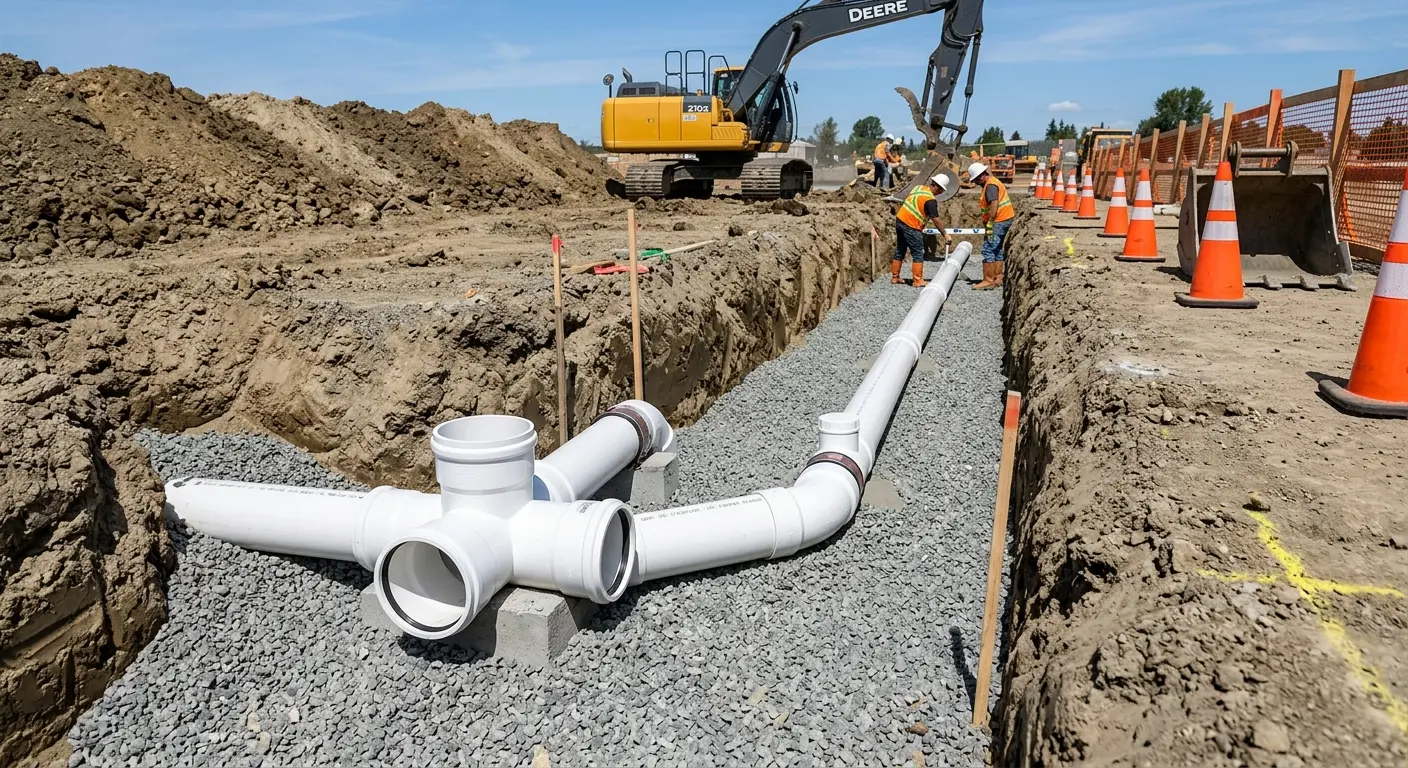 New PVC sewer pipe installation in open trench for Sewer Backup in Suisun City