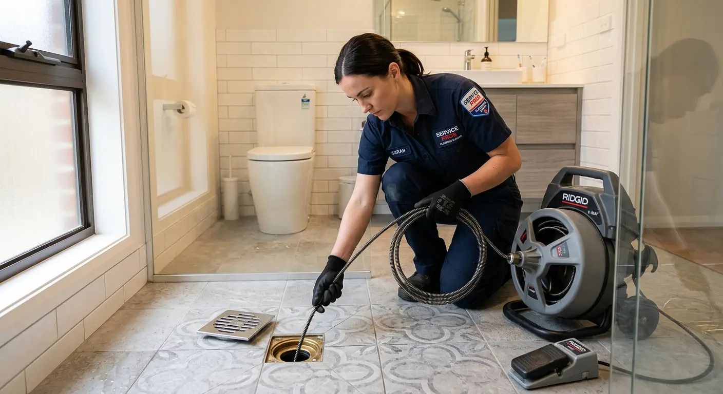 Technician clearing a bathroom floor drain for Drain Cleaning in Suisun City
